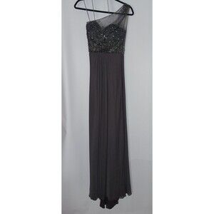 La Femme Dress‎ Gunmetal Grey Beaded One Shoulder Mesh & Jersey Ball Gown Size 0